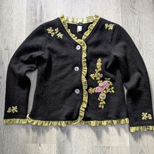 Vintage Tally Ho Wool Cardigan Velvet Trim Floral Size M Coquette Whimsigoth